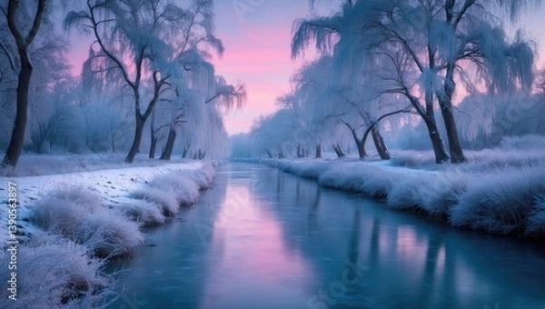 Fototapeta Winter Landscape In Pink Tones Featuring Calm River, Enveloped By Trees. Forest Along The River At Dusk. Landscape Showcasing Snow-Covered Trees, Stunning Frozen River With Water Reflection.