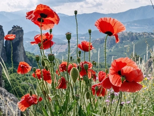 Obraz Vibrant red poppies blooming against a scenic mountain backdrop  