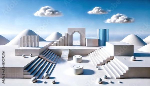 Obraz A minimal surreal landscape with white geometric structures, soft clouds, and blue skies in a calm, abstract setting.