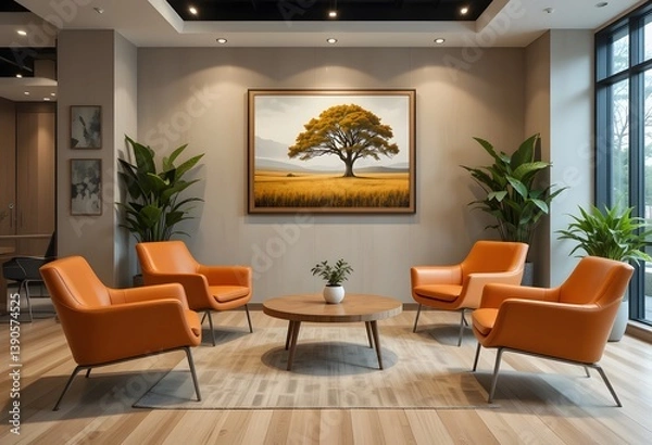 Fototapeta Stylish Lounge, Orange Armchairs, And A Serene Landscape, Creating A Bright, Welcoming Space. Comfort And Elegance Combine In This Modern Area. The Perfect Room For Relaxation.