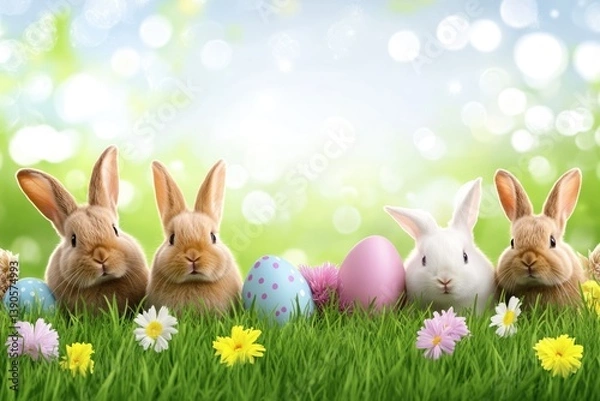 Fototapeta Smiling pretty rabbit with vivid Easter eggs on vivid vibrant background with mock up copy space