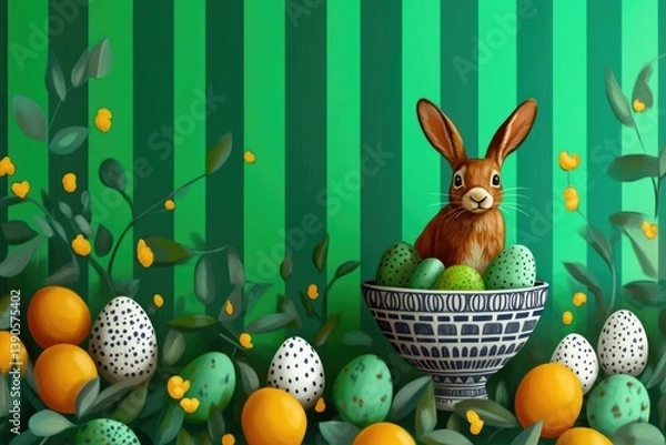 Fototapeta Smiling pretty rabbit with vivid Easter eggs on vivid vibrant background with mock up copy space
