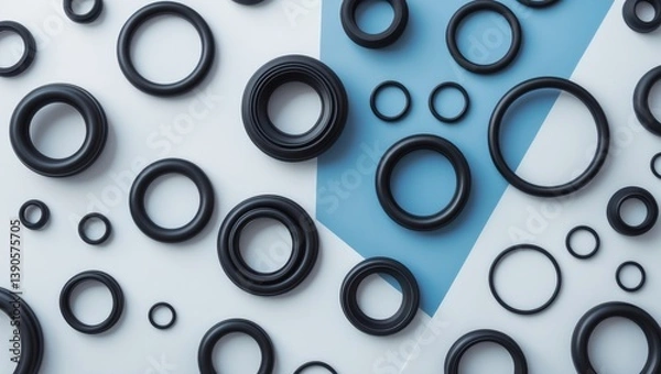 Fototapeta Black hydraulic and pneumatic o-ring seals of various sizes on a blue and white backdrop. Rubber rings. Sealing gaskets for connections. Rubber sealing rings for plumbing applications. Aerial view.