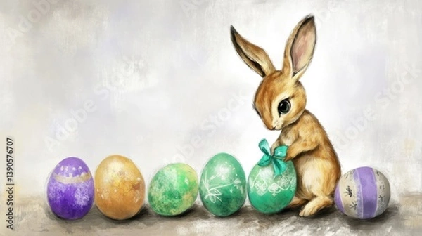 Fototapeta Smiling pretty rabbit holding basket with vivid Easter eggs on vivid vibrant background with mock up copy space