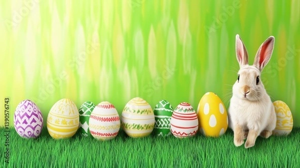 Fototapeta Smiling pretty rabbit with vivid Easter eggs on vivid vibrant background with mock up copy space