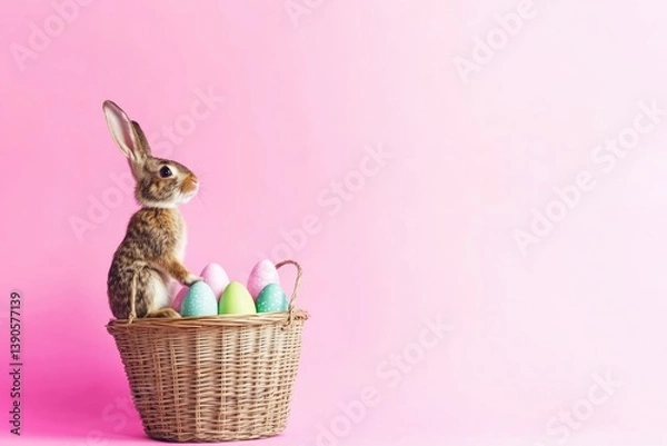 Fototapeta Smiling pretty rabbit holding basket with vivid Easter eggs on vivid vibrant background with mock up copy space