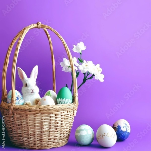 Fototapeta Smiling pretty rabbit holding basket with vivid Easter eggs on vivid vibrant background with mock up copy space