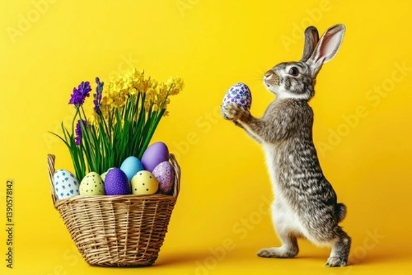 Fototapeta Smiling pretty rabbit holding basket with vivid Easter eggs on vivid vibrant background with mock up copy space