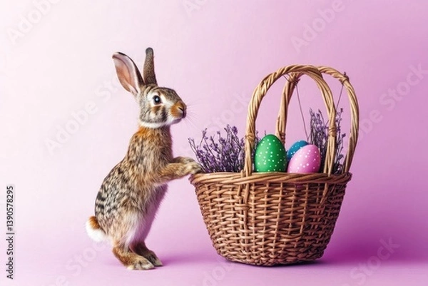 Fototapeta Smiling pretty rabbit holding basket with vivid Easter eggs on vivid vibrant background with mock up copy space