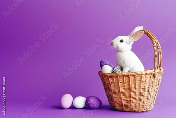 Fototapeta Smiling pretty rabbit holding basket with vivid Easter eggs on vivid vibrant background with mock up copy space