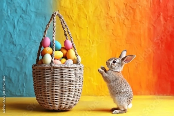 Fototapeta Smiling pretty rabbit holding basket with vivid Easter eggs on vivid vibrant background with mock up copy space