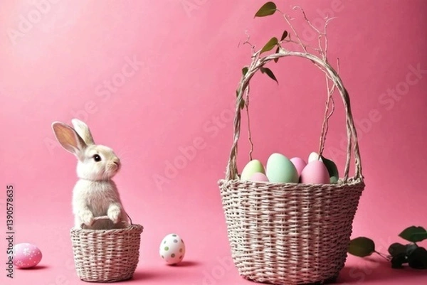 Fototapeta Smiling pretty rabbit holding basket with vivid Easter eggs on vivid vibrant background with mock up copy space