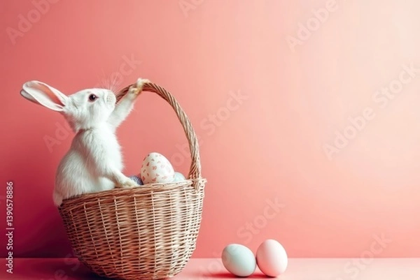 Fototapeta Smiling pretty rabbit holding basket with vivid Easter eggs on vivid vibrant background with mock up copy space