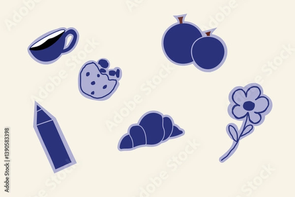 Fototapeta Set of minimalist stickers featuring food, drinks, and flowers. Modern flat design in dark navy blue color. Clean and abstract style, perfect for web design, mobile apps, social media, and messengers