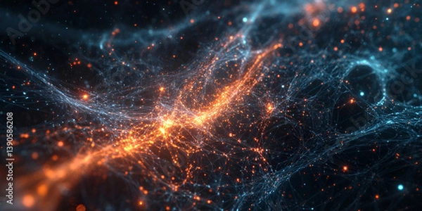 Fototapeta Abstract digital network with glowing orange and blue lights, Futuristic digital network with glowing particles and vibrant lines
