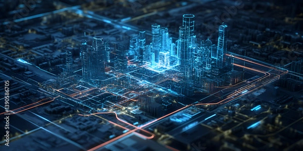 Fototapeta Futuristic cityscape with glowing neon buildings and high-tech digital grid, High-tech city architecture with glowing blue lights and digital infrastructure
