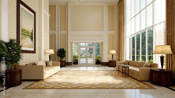 Fototapeta Luxury Hotel Lobby Interior with Elegant Seating, Large Windows, and Neutral Color Palette DÃ©cor.