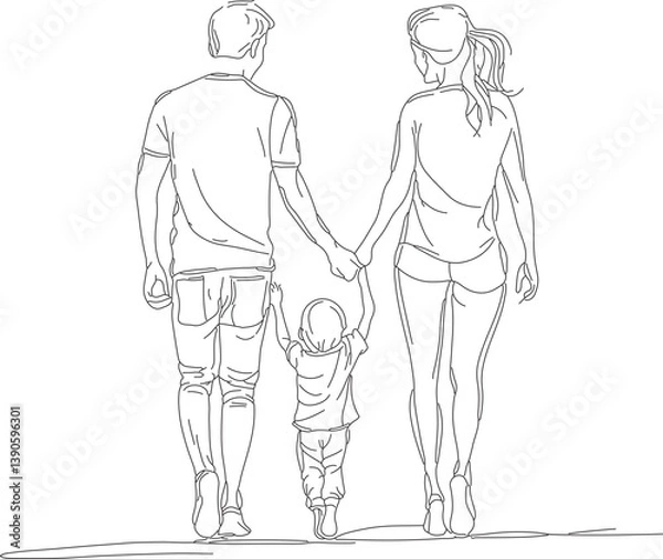 Fototapeta Happy family in continuous line art drawing style. Front view of parents with their little kid holding hands and walking together black linear sketch isolated on white background.