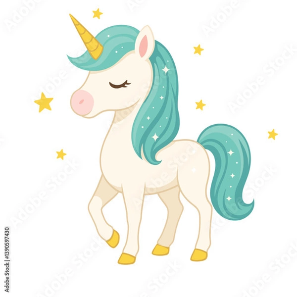 Fototapeta Cute cartoon unicorn with golden horn and turquoise mane surrounded by stars – fantasy illustration for kids, nursery wall art, magical themes, children’s books, and whimsical designs