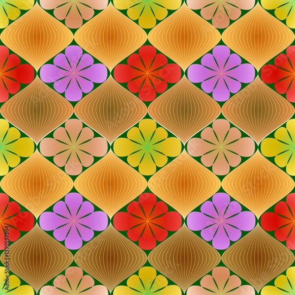 Obraz Seasonal Kaleidoscope - Retro Geometric Floral Seamless Vector Pattern