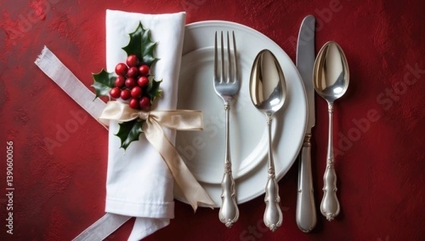 Fototapeta Festive Place Setting Showcasing Sterling Silverware and White Napkin with Ribbon on Background with Text Space Available