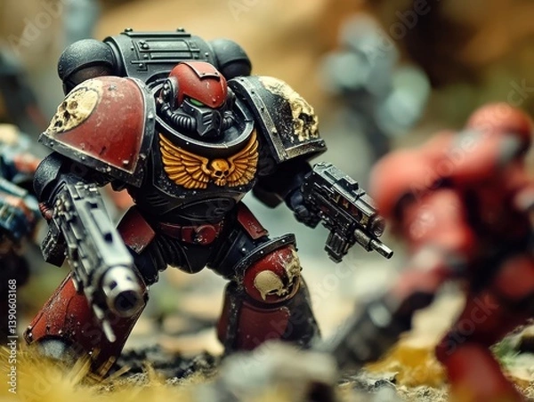 Fototapeta Red and black painted miniature wargaming figure with gun and weathering effects, close-up shot