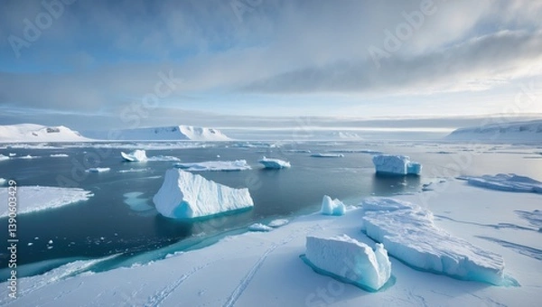 Obraz Aerial perspective of an iceberg trapped in a snowy ice landscape during the Antarctic winter.