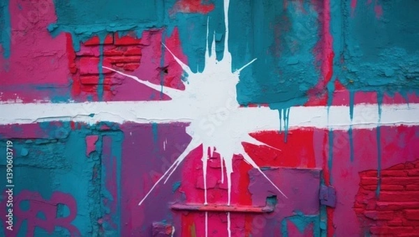 Fototapeta Close-up of bright teal, blue, and red wall texture highlighted by white paint strokes. Current design pattern. Artistic background. Messy street fashion backdrop with available space for copy.