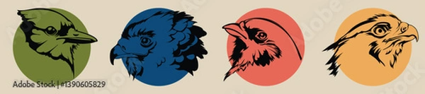 Obraz Four elegant vector portraits of birds, made with thin black lines on a contrasting round background of bright colors, demonstrate the beauty of minimalist design.