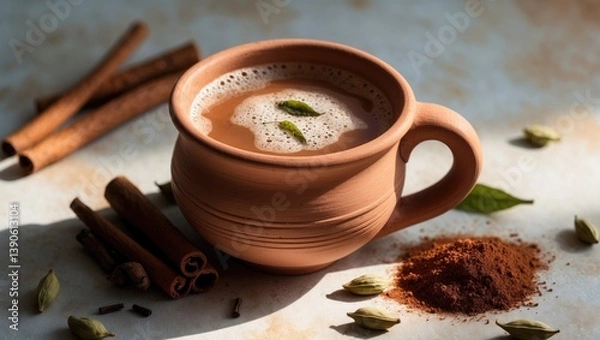 Fototapeta Steaming hot masala tea in a traditional clay cup.