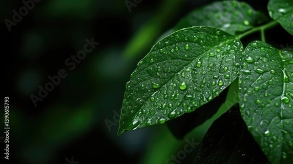 Fototapeta Close-up of lush green leaves covered in dew drops