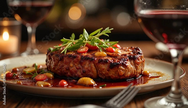 Obraz Gourmet steak dish with sauce and garnishes, served with red wine in an elegant restaurant