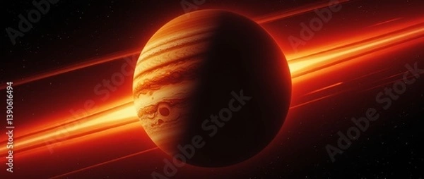Fototapeta A Jupiter-like gas giant planet, showing iconic bands and storms, partially illuminated against streaks of intense orange cosmic light.