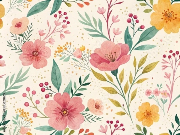 Fototapeta This seamless watercolor floral pattern features a variety of pastel pink, peach, yellow, and orange flowers, leaves, and berries on a light beige background.
