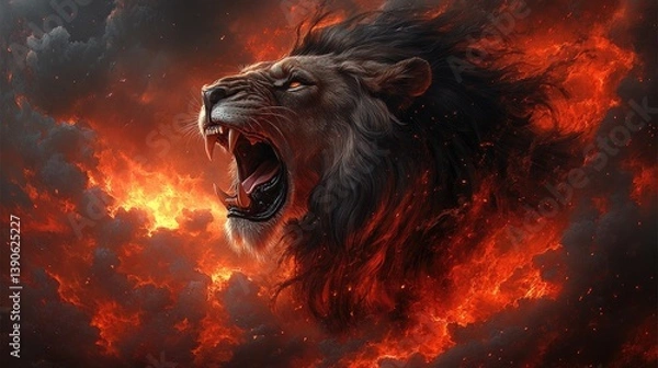 Obraz Majestic roaring lion emerging from fiery clouds, symbolizing strength and power in nature