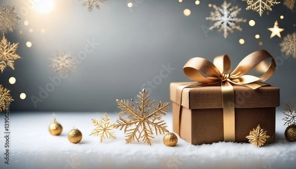Fototapeta happy holidays winter greeting banner with golden snowflakes brown gift box with raffia ribbon on gray snowy background snow in front xmas design
