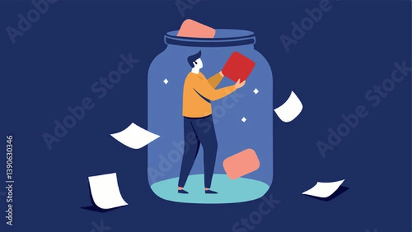 Fototapeta Gratitude Jar A jar filled with notes of gratitude with a person adding a slip of paper to it. This emphasizes focusing on positive aspects of life to counteract fear.