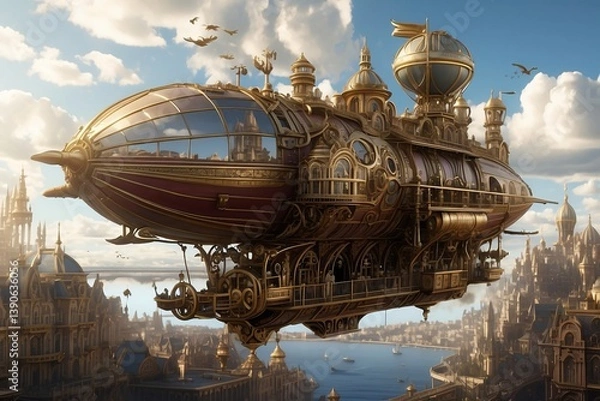 Obraz Steampunk Airship Floating Over a Victorian City
