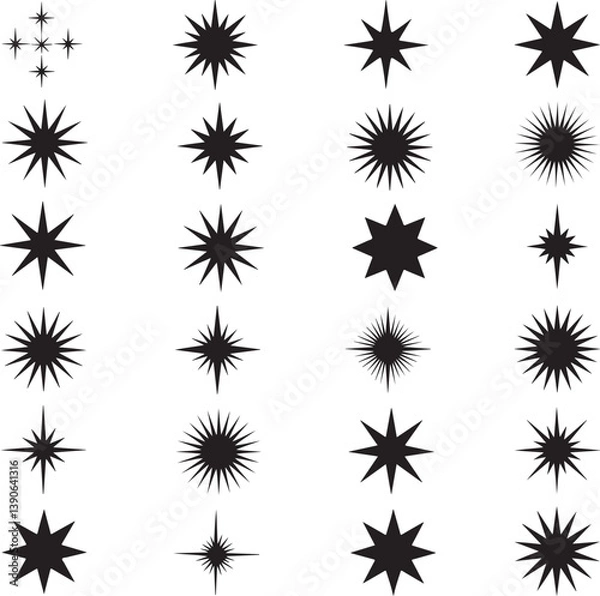 Fototapeta A set of sparkle star vecto silhouette,  set of black and white stars vector.