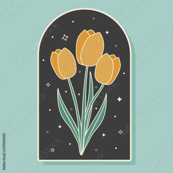 Fototapeta A bouquet of tulips painted in vintage colors in an arch frame