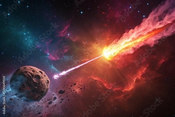 Fototapeta Abstract Space Background with Burning Comet, Laser Flash, and Red Neon Explosions