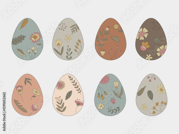 Obraz Happy Easter. Set of Easter eggs with different textures on white background. Spring holiday. Hand drawn vector illustration, eggs with flowers.