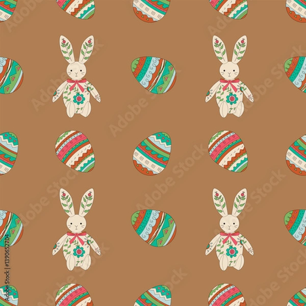 Obraz Happy Easter. Spring holiday. Hand drawn vector pattern with easter eggs and bunnies.