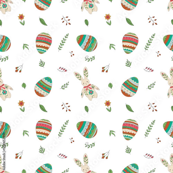 Obraz Happy Easter. Spring holiday. Hand drawn vector pattern with easter eggs and bunnies.
