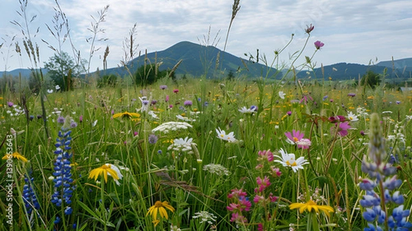 Fototapeta Colorful wildflower meadow with distant mountain under a cloudy sky in the countryside view scene .