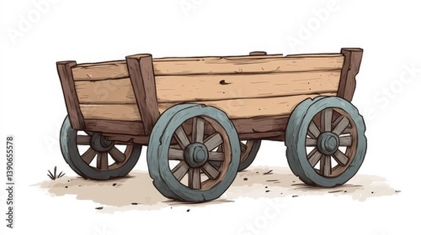 Fototapeta A worn and old wooden wagon of a rustic appearance stands on a white background. Concept of nostalgia and simplicity, as if it were from a bygone era