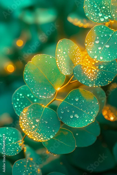 Fototapeta Glowing Eucalyptus Wall Art with Dew Drops and Golden Bokeh..