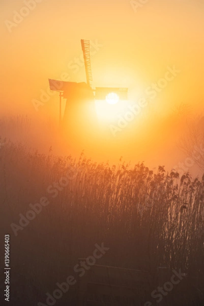 Fototapeta Sunrise at a Dutch, traditional windmill and a canal in the spring fog.