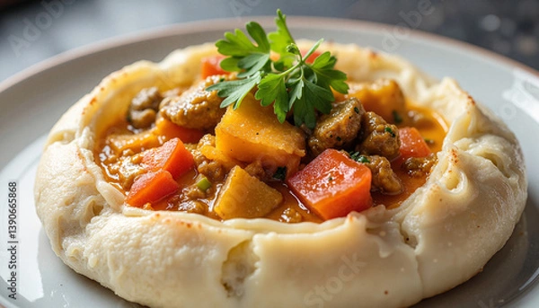 Fototapeta minimalist presentation of bunny chow,  encased in a white bread bowl, modern kitchen under bright daylight, close-up capturing the details of the texture, gentle lighting with clean lines and simplic