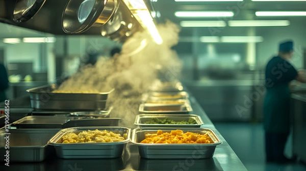 Fototapeta Steaming trays of food in a busy commercial kitchen, showcasing a variety of side dishes ready for serving. Focus on freshness and preparation.